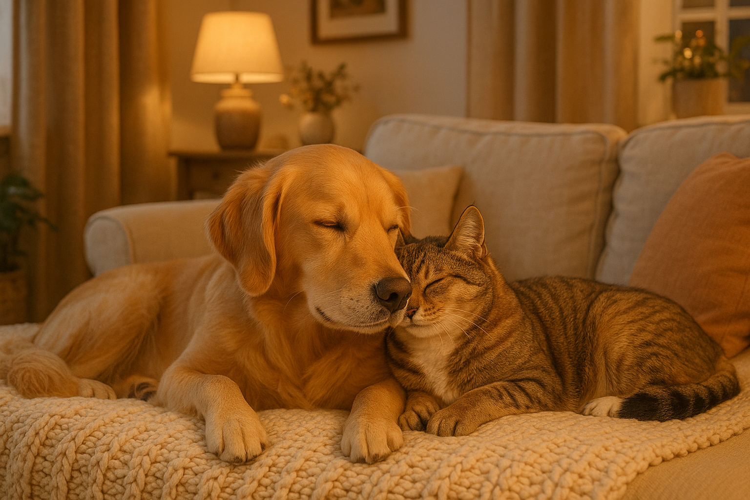 crea mi imagine cane e gatto affetosi a casa bella